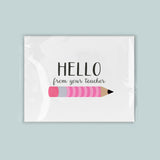 A greeting card with a pink pencil and the text 