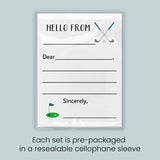 The image is a greeting card with a golf-themed design, featuring a blank space for a message and a golf flag on the bottom right. Each set is pre-packaged in a resealable cellophane sleeve.