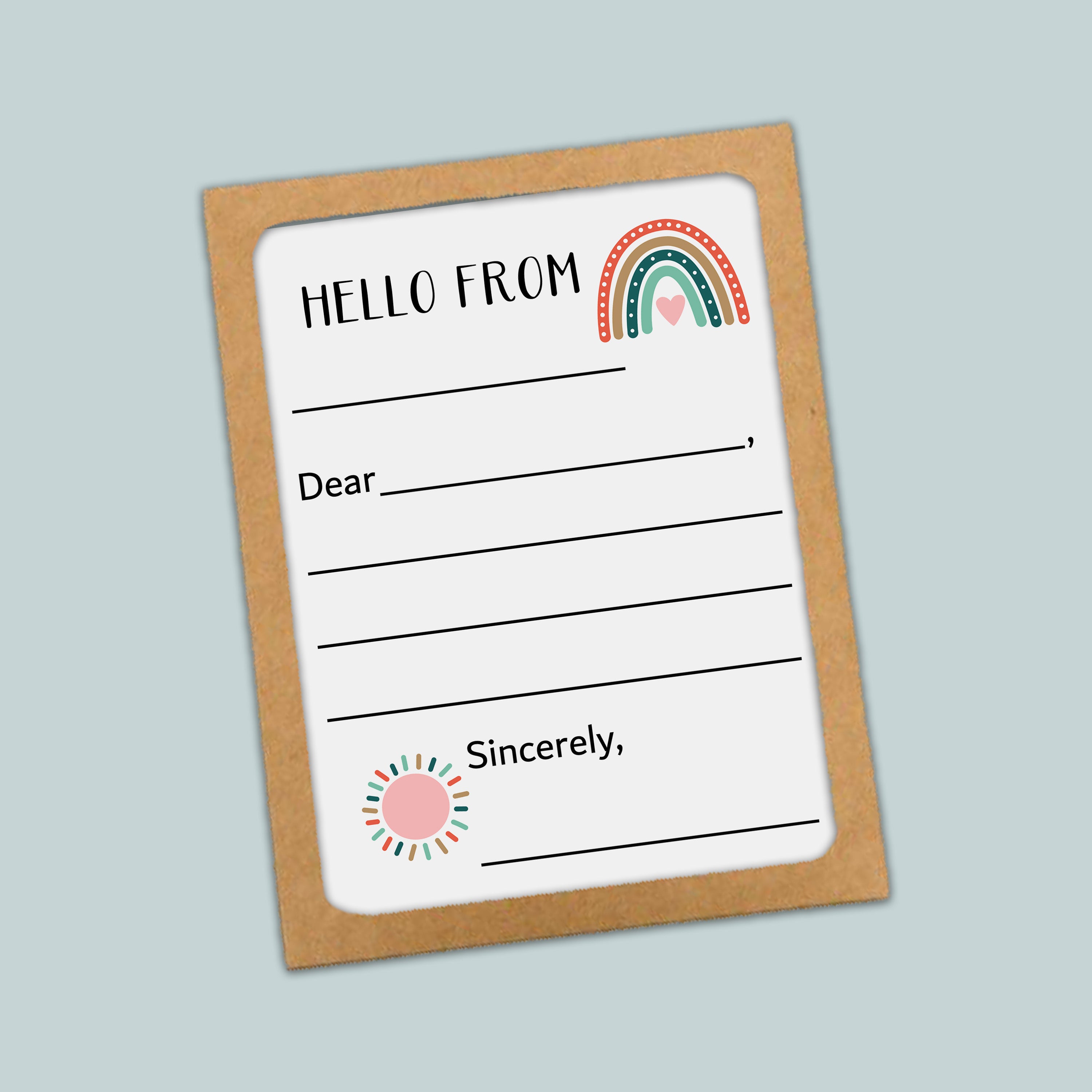 The image is a greeting card with a blank space for a message and a rainbow graphic.