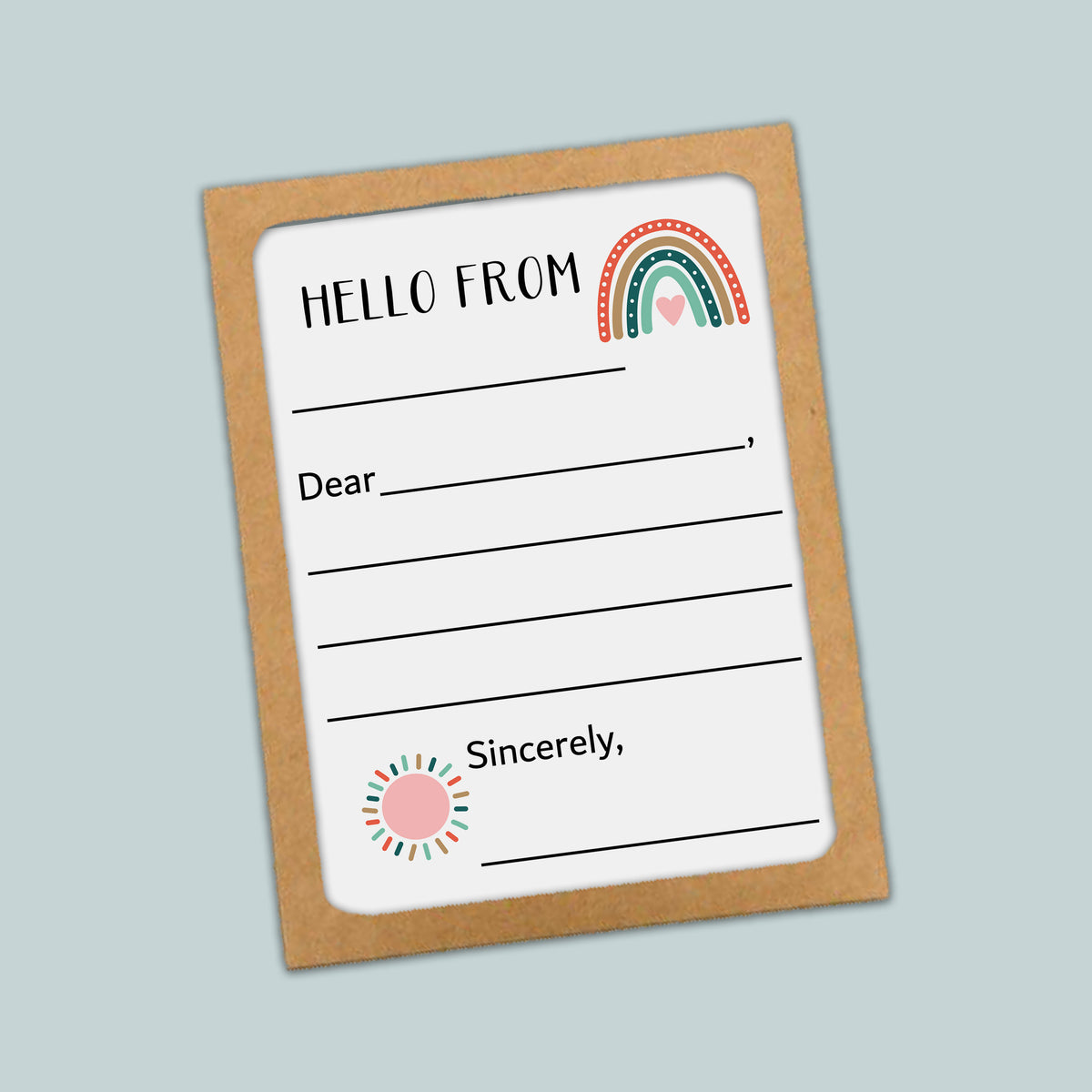 The image is a greeting card with a blank space for a message and a rainbow graphic.