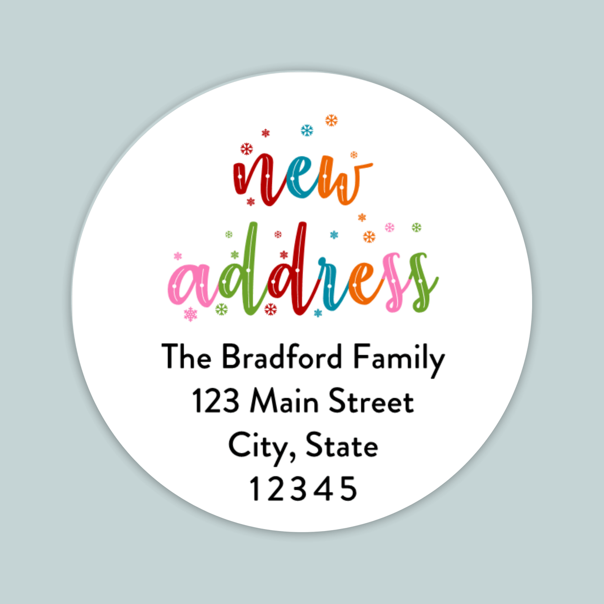 Colorful Snowflakes - We've Moved Round Address Label - The Note House