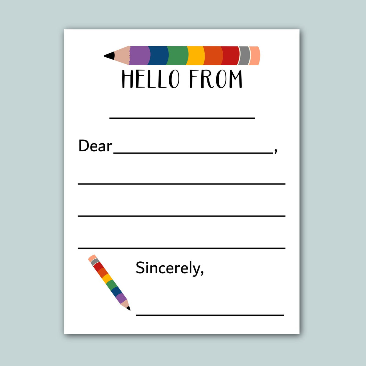 The image is a blank letterhead with a colorful pencil graphic and a message that reads "Hello from Sincerely".