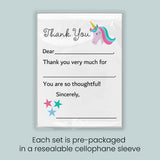 The image is a thank you card with a unicorn illustration and stars. Each set is pre-packaged in a resealable cellophane sleeve.