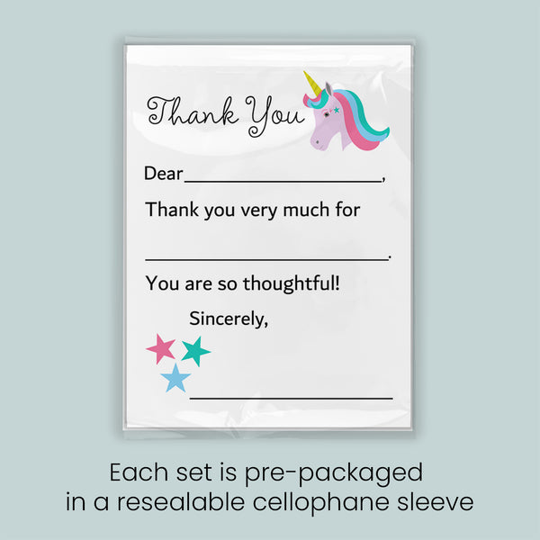 The image is a thank you card with a unicorn illustration and stars. Each set is pre-packaged in a resealable cellophane sleeve.
