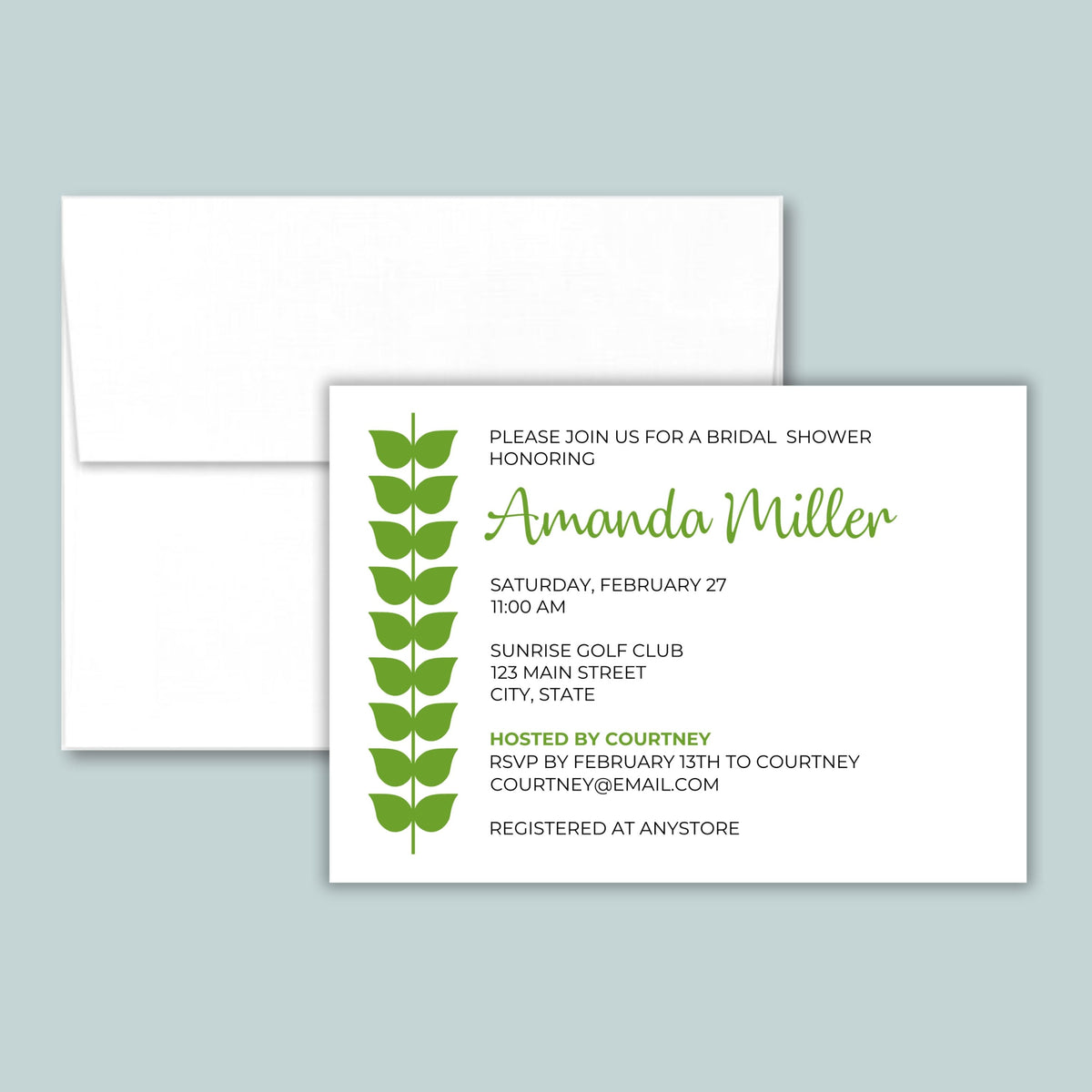 The image is a white invitation card for a bridal shower, featuring a green leaf design and text inviting guests to a special event.