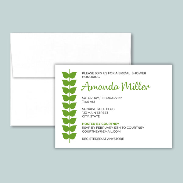 The image is a white invitation card for a bridal shower, featuring a green leaf design and text inviting guests to a special event.