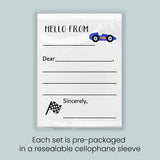 The image is a pre-packaged greeting card set that includes a greeting card with a car design and a checkered flag, as well as a cellophane sleeve for each set. Each set is pre-packaged in a resealable cellophane sleeve.