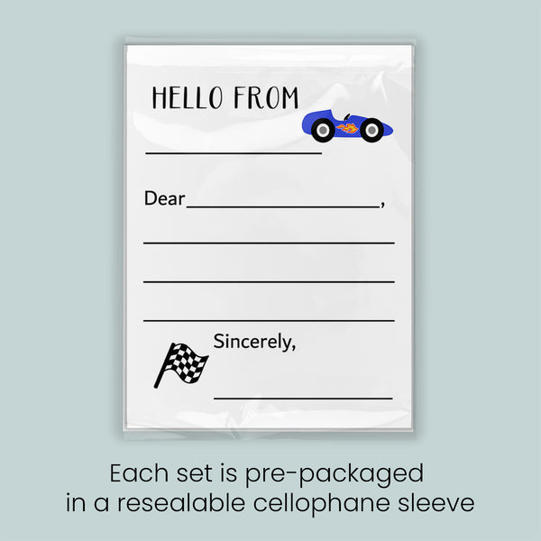 The image is a pre-packaged greeting card set that includes a greeting card with a car design and a checkered flag, as well as a cellophane sleeve for each set. Each set is pre-packaged in a resealable cellophane sleeve.