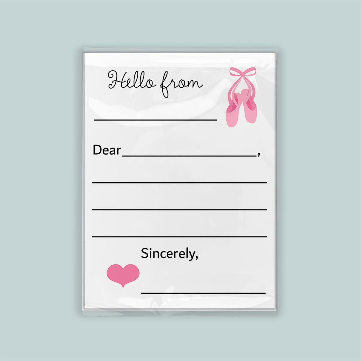 The image is a white envelope with a pink heart and ballet slippers on the front, and a blank space for a message.
