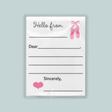 The image is a white envelope with a pink heart and ballet slippers on the front, and a blank space for a message.