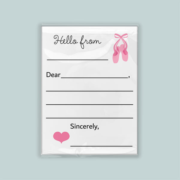 The image is a white envelope with a pink heart and ballet slippers on the front, and a blank space for a message.