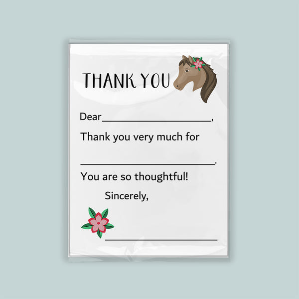 The image is a white thank you card with a horse illustration and a pink flower. The card has a blank space for a message and a blank space for a signature.