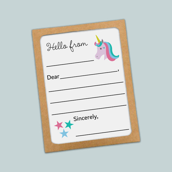 The image is a greeting card with a unicorn illustration and a blank space for a message.