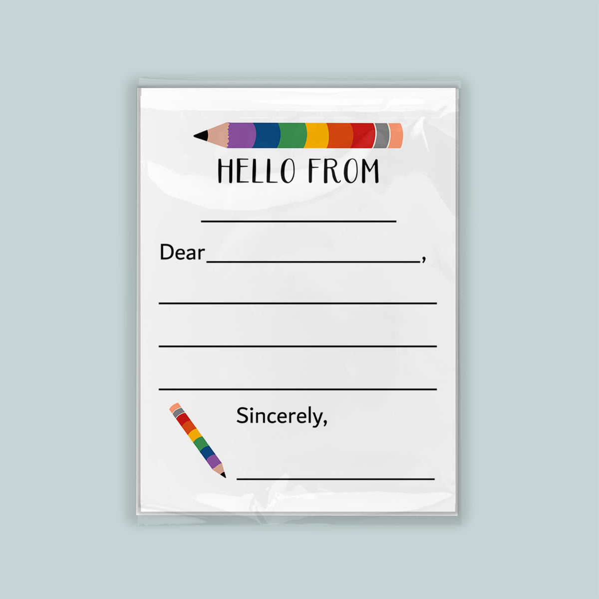 The image is a blank letterhead with a colorful pencil graphic and the text "Hello from" at the top.