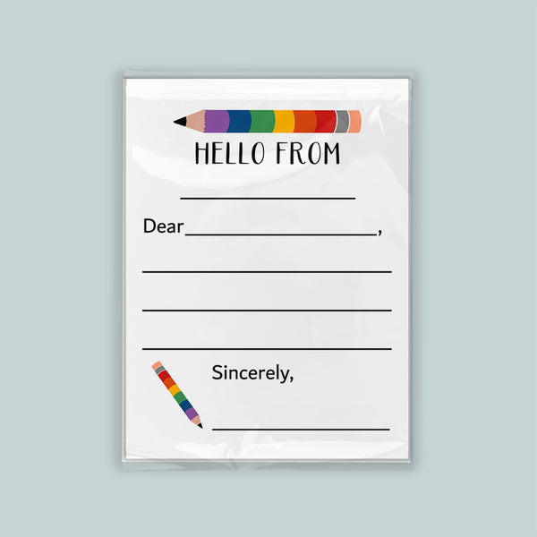 The image is a blank letterhead with a colorful pencil graphic and the text "Hello from" at the top.