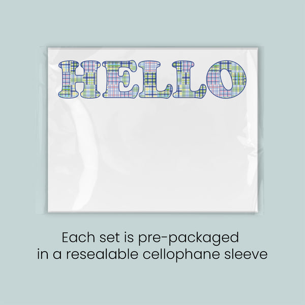 a set of pre-packaged greeting cards with the word "HELLO" written in a colorful, plaid pattern on a white background. Each set is pre-packaged in a resealable cellophane sleeve.
