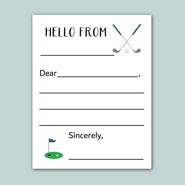 The image is a blank greeting card with a golf-themed design, including a golf club and a golf ball. The card has a blank space for a message and a blank space for a signature.