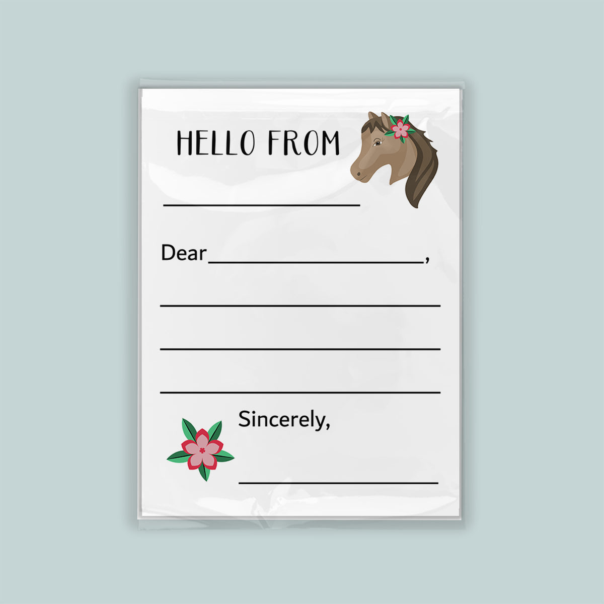 The image is a blank letterhead with a horse illustration on the top right corner. The letterhead has a blank space for the recipient's name and a blank space for the message. The letterhead is set against a light blue background.