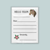 The image is a blank letterhead with a horse illustration on the top right corner. The letterhead has a blank space for the recipient's name and a blank space for the message. The letterhead is set against a light blue background.