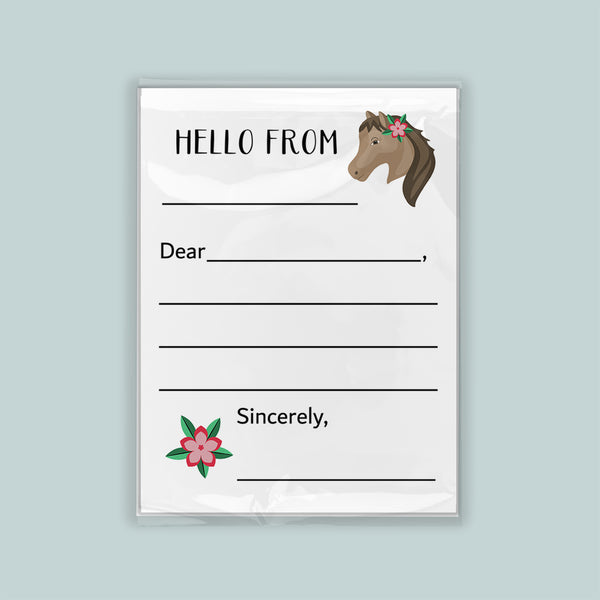 The image is a blank letterhead with a horse illustration on the top right corner. The letterhead has a blank space for the recipient's name and a blank space for the message. The letterhead is set against a light blue background.