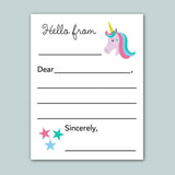 a letter addressed to someone named Sincerely, with a unicorn illustration on the top right corner. The letter appears to be a blank card with space for writing a message.