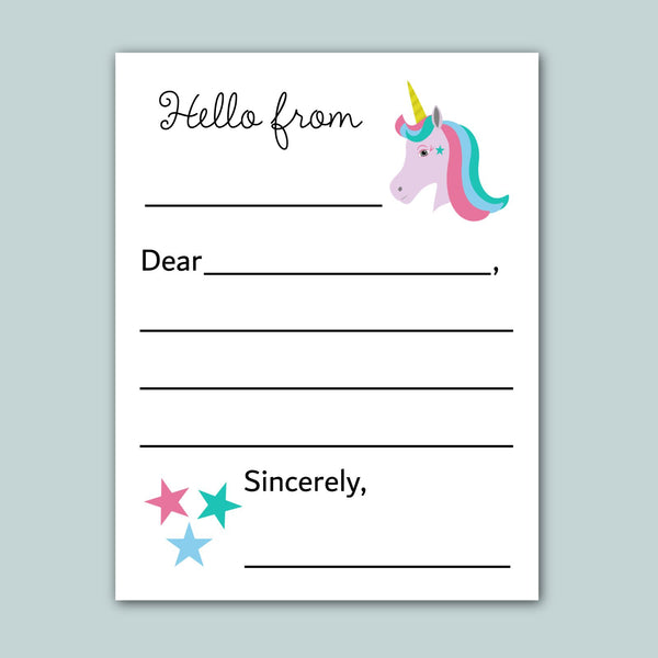 a letter addressed to someone named Sincerely, with a unicorn illustration on the top right corner. The letter appears to be a blank card with space for writing a message.