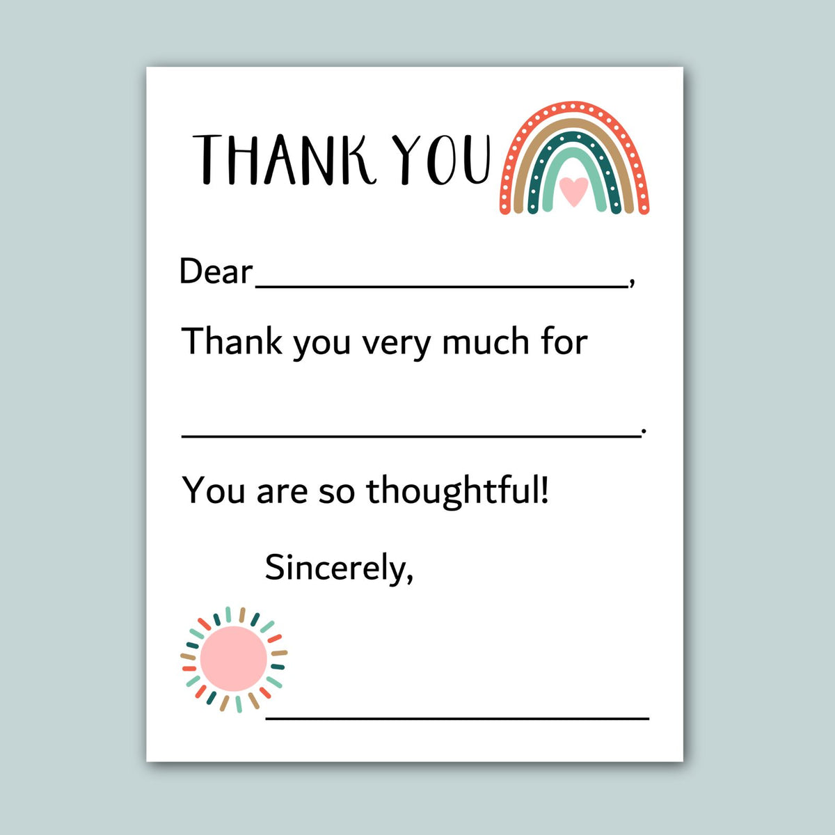 a white card with a rainbow graphic and a heart symbol. The card has a message written in black text, expressing gratitude, and includes a blank space for the recipient's response.