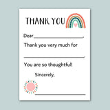 a white card with a rainbow graphic and a heart symbol. The card has a message written in black text, expressing gratitude, and includes a blank space for the recipient's response.