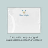 A white rectangular card with a gold and blue design and the text 