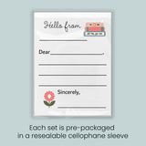 A pre-packaged letterhead set with a blank space for a recipient's name, a flower illustration, and a note that reads 