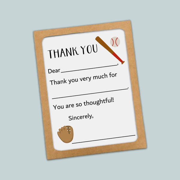 The image is a framed thank you card with a baseball theme, featuring a baseball bat and glove. The card has a blank space for a message and a blank space for a recipient's name.
