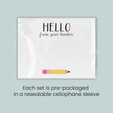 a greeting card with a pencil on it, and it is pre-packaged in a resealable cellophane sleeve. Each set is pre-packaged in a resealable cellophane sleeve.