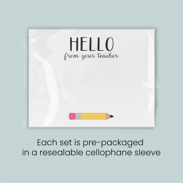 a greeting card with a pencil on it, and it is pre-packaged in a resealable cellophane sleeve. Each set is pre-packaged in a resealable cellophane sleeve.