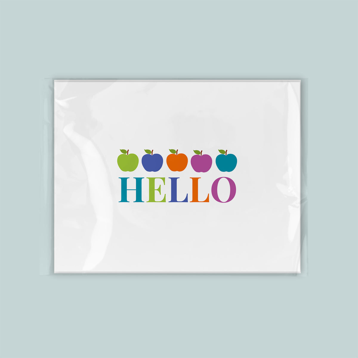 A white rectangular frame with the word "HELLO" written in colorful letters.