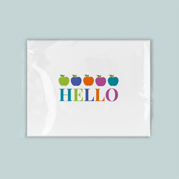 A white rectangular frame with the word "HELLO" written in colorful letters.