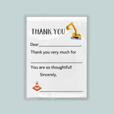 The image is a construction-themed thank you card with a construction vehicle and a traffic cone. The card has a blank space for a recipient's name and a message expressing gratitude.
