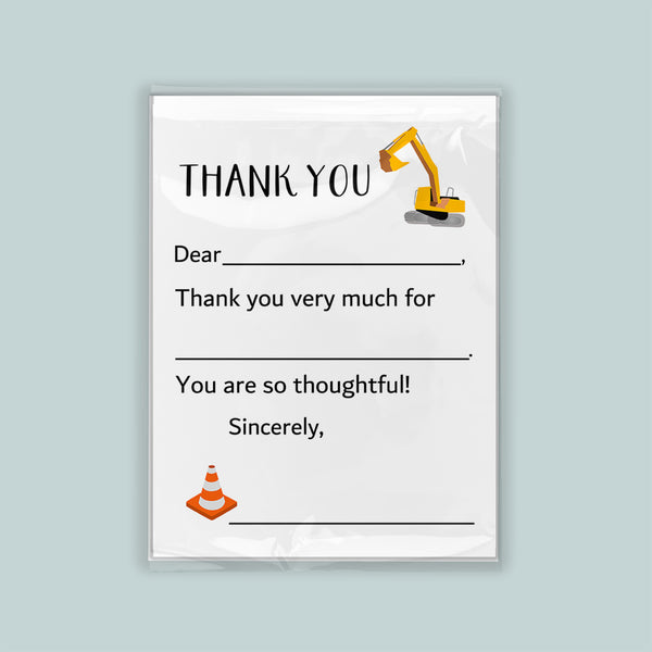 The image is a construction-themed thank you card with a construction vehicle and a traffic cone. The card has a blank space for a recipient's name and a message expressing gratitude.