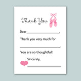 The image is a white card with a pink ballet shoe graphic and a heart symbol. The card has a message written in black cursive font, expressing gratitude and appreciation.