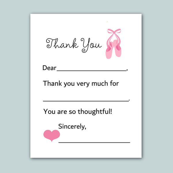 The image is a white card with a pink ballet shoe graphic and a heart symbol. The card has a message written in black cursive font, expressing gratitude and appreciation.