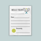 The image is a white envelope with a tennis racket and ball design, along with a greeting message.