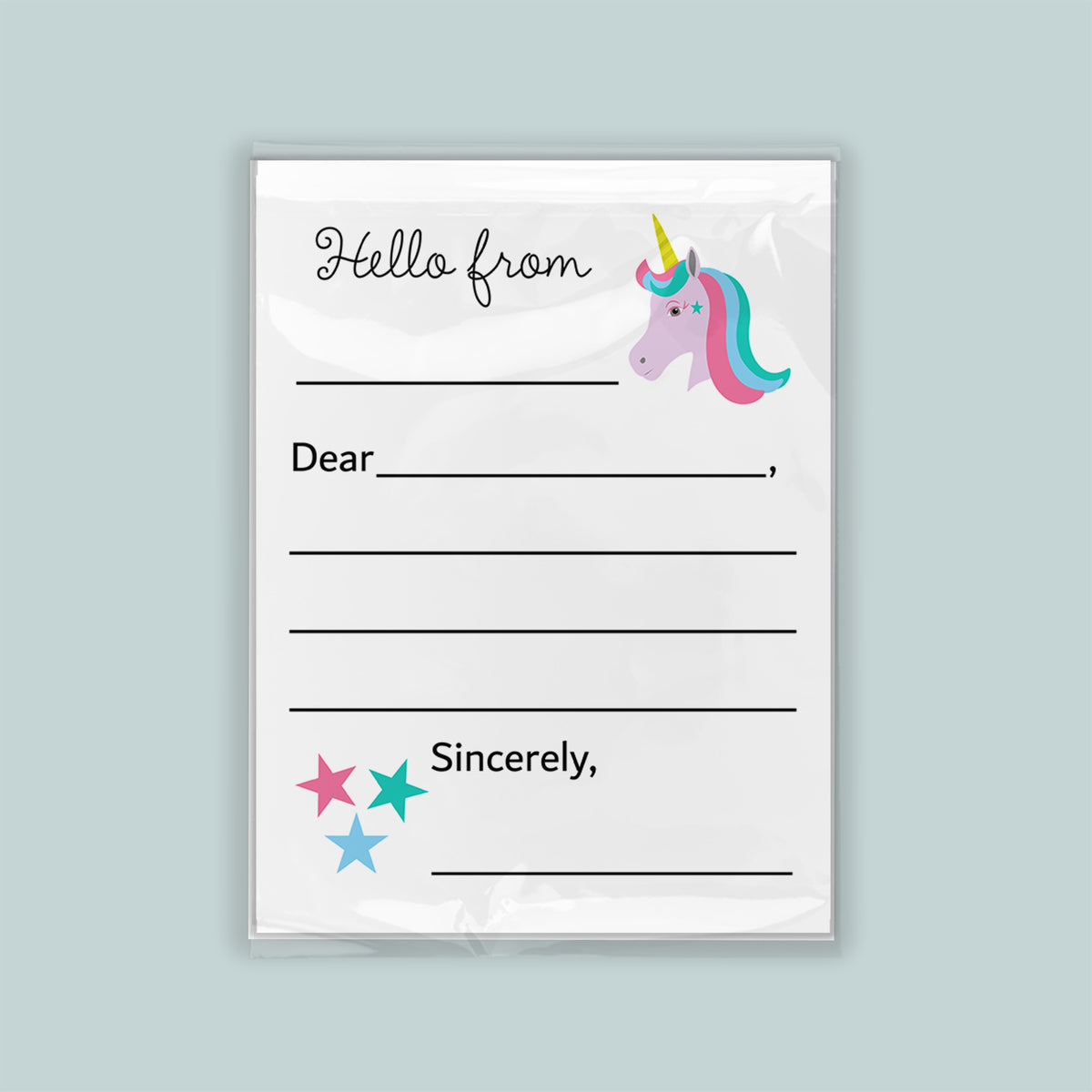 The image is a white envelope with a unicorn illustration and a blank space for a message.