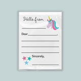 The image is a white envelope with a unicorn illustration and a blank space for a message.