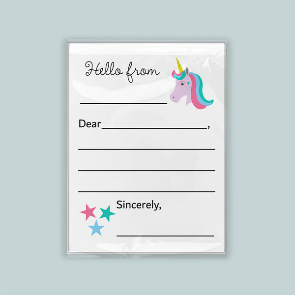 The image is a white envelope with a unicorn illustration and a blank space for a message.