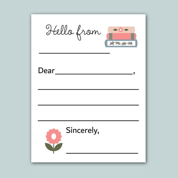 The image is a blank letterhead with a floral design and a stack of books on top. The letterhead has a blank space for the recipient's name and a blank space for the message. The floral design and the stack of books suggest a personal or decorative touch to the letterhead.