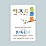 The image is a baby shower invitation featuring colorful owls perched on a branch.