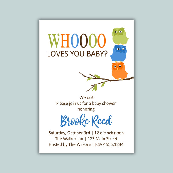 The image is a baby shower invitation featuring colorful owls perched on a branch.