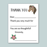 The image is a blank thank you card with a horse illustration and a pink flower. The card has a message that reads 