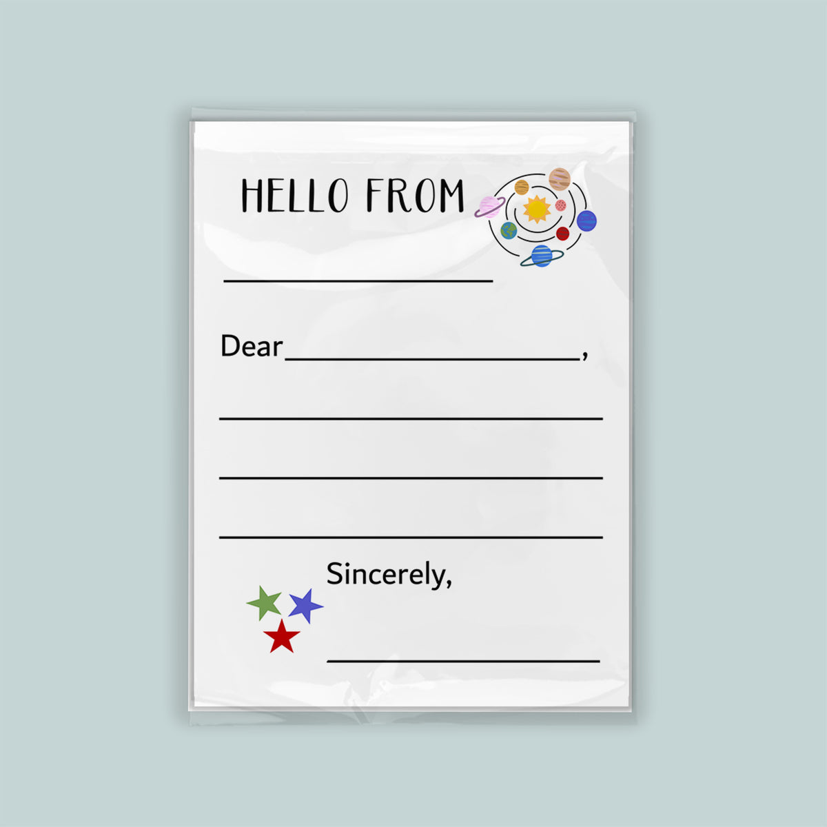 The image is a blank letterhead with a space-themed design, including planets and stars, and a message that reads "Hello from" followed by an empty space for a response.