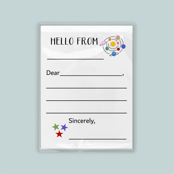 The image is a blank letterhead with a space-themed design, including planets and stars, and a message that reads "Hello from" followed by an empty space for a response.