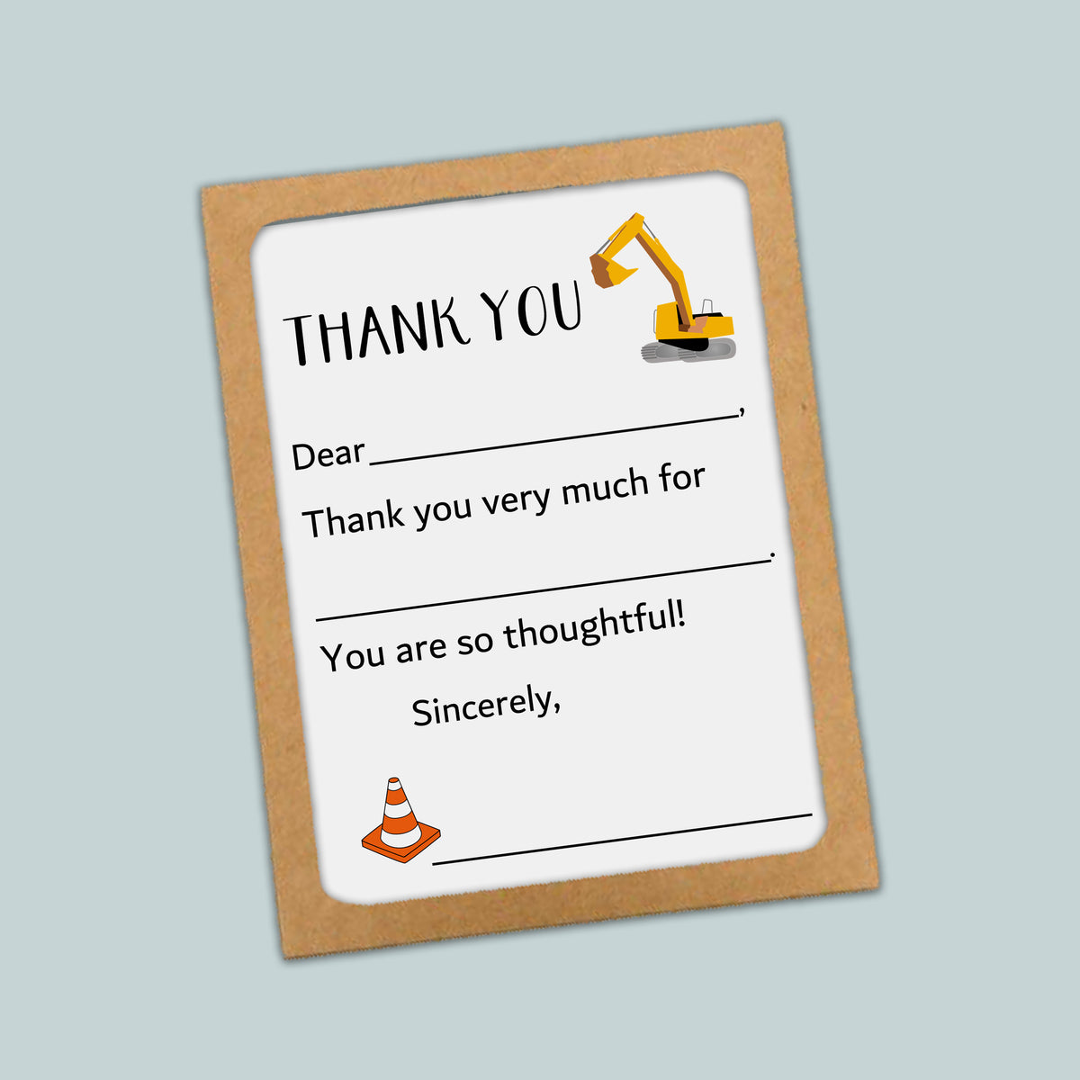 The image is a construction-themed thank you card with a construction vehicle and a cone on the front. The card has a blank space for a recipient's name and a message expressing gratitude.